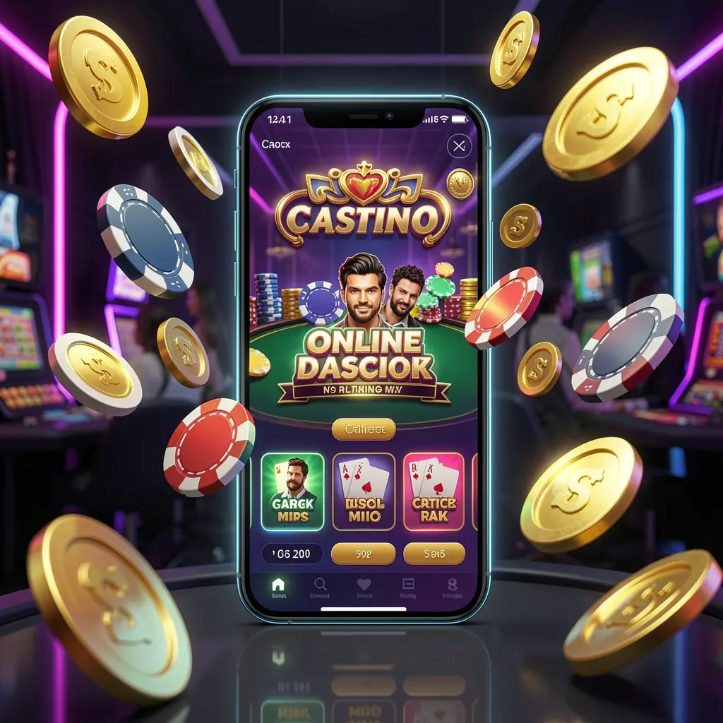 BK933 online casino mobile app hero banner featuring a modern smartphone with a glowing casino interface, golden coins and poker chips flying around against a dark luxury background with neon accents