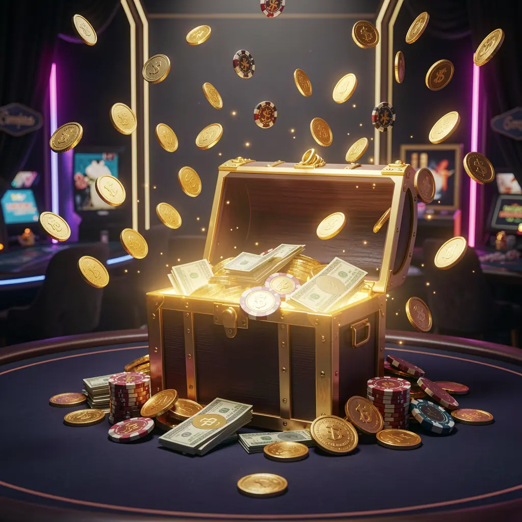 BK933 premium online casino bonus banner featuring golden coins flying in the air and a glowing treasure chest filled with chips and cash against a luxury dark background with neon accents, creating a festive and elegant casino atmosphere in a high-detail 3D realistic render