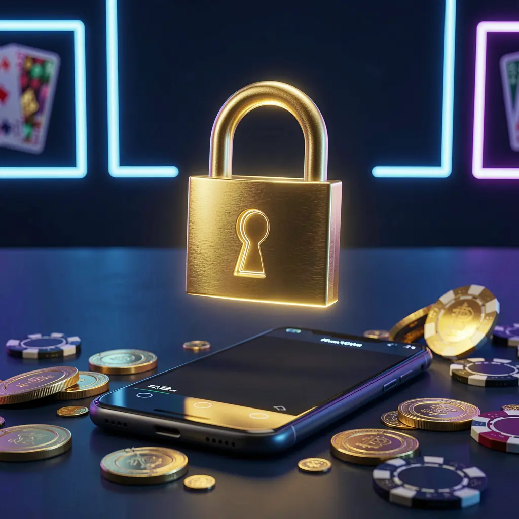 BK933 casino login security image showing a glowing padlock floating above a smartphone with golden coins and chips scattered around on a dark blue neon background