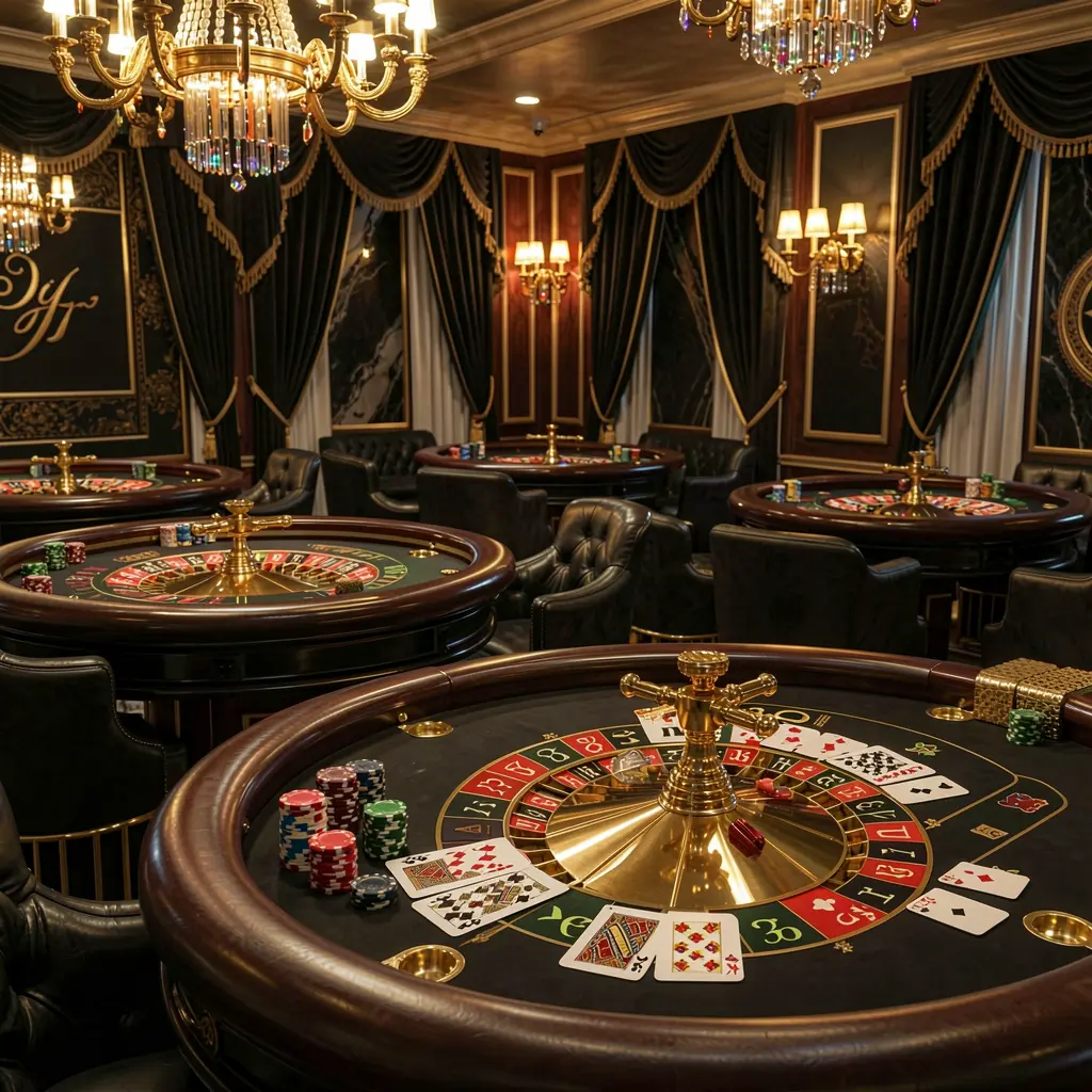 BK933 luxury online casino lobby with glowing roulette tables, golden lights, poker chips and cards in a premium black and gold design